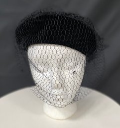 Black Breton Hat With Face Netting W/ Rhinestone Details