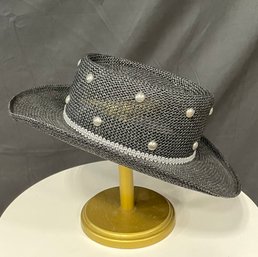 Black Silver Studded Bejeweled Straw Hat W/ Silver Ribbon