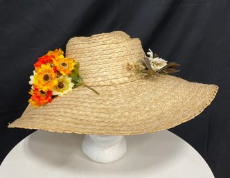 Vintage Extra Wide Brim Sun Hat With Floral Details