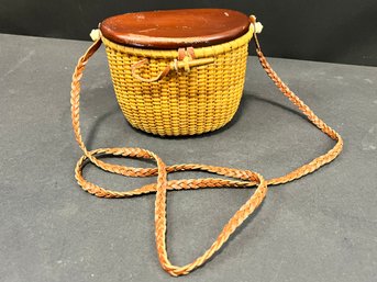 Vintage Nantucket Style Basket Handbag With Leather Strap And Detail