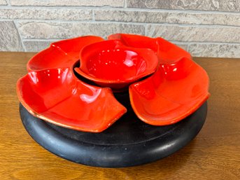 Mid Century California Pottery Red And Gold Flake Lazy Susan