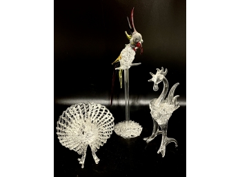 Vintage Spun Glass Figures Lot - Peacock And Birds
