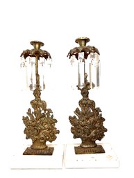 Antique Pair Of French Marble Base Floral Candle Holders With Crystals