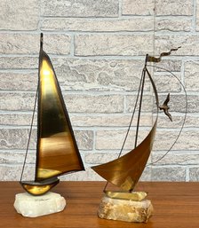 Large Pair Of Brass And Stone Sailboat Sculptures Signed