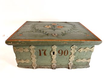 Antique European Dated 1790 Painted Wooden Chest With Iron Detail And Hand Forged Handles