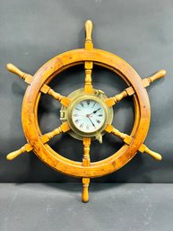 Large 30' Ships Wheel Wood And Brass Wall Clock