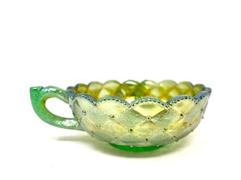 Imperial Pansy Quilted Green Carnival Glass Handled Nut Bowl