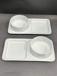 Pair Of White Divided Plates With Matching Bowls
