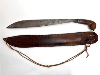 Antique Carved Machete With Leather Sheath