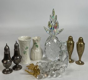 Home Decor Lot Including Belleek Vases, Silverplate And Crystal