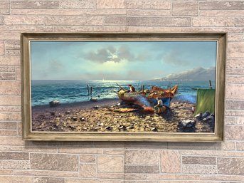 Large Fishermen By The Campfire Oil Painting Signed Moreno