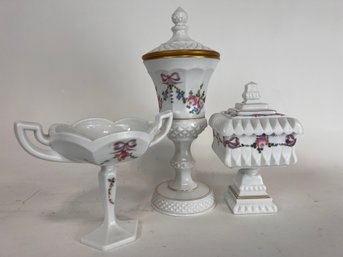 Lot Of 3 Vintage Westmoreland Hand Painted Pieces Signed Milk Glass