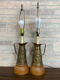 Very Unique Pair Of Brass Pitcher Table Lamps