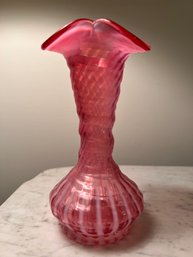 Fenton Glass Cranberry Opalescent Ruffled Top Vase