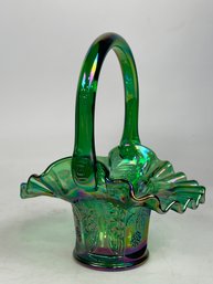 Fenton Glass Green Butterfly And Berry Carnival Glass Basket