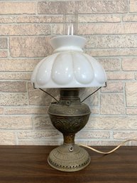 Electrified Antique Oil Lamp With Milk Glass Shade