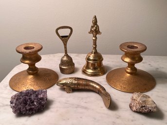 Group Of Vintage Collectibles Including Brass Bells, Candlesticks, Koi Fish And More!