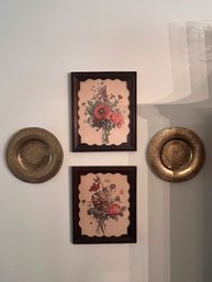 Home Decor Lot With Floral Prints And Etched Brass Plates