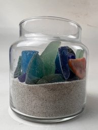 Glass Jar Of Sand And Sea Glass