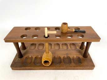 Walnut Pipe Stand With Two Smoking Pipes