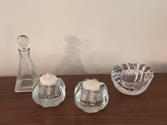 Group Of Clear Glass Including Mid Century Glass Candle Holders