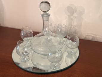 Mid Century Etched Glass Ship Decanter Set With Mirrored Tray