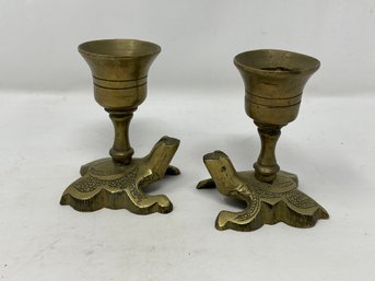Pair Of Vintage Brass Frog Candle Sticks