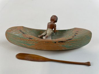 Folk Art Carved Canoe With Figure