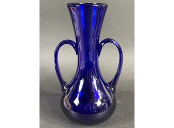 Art Deco Murano Cobalt Vase With Matching Reeded Top Handles Circa 1930s