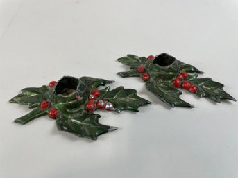 Painted Pewter Holly Candlestick Holders