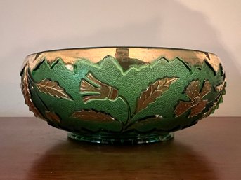 Mid Century Gold Decorated Green Glass Bowl