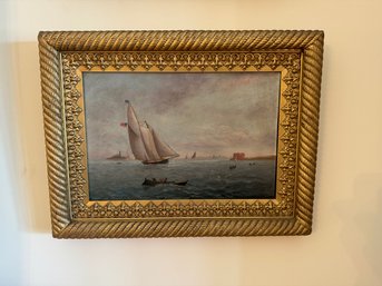 Antique Seascape Painting On Board In Original Frame