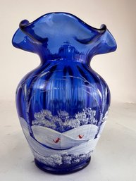 Fenton Cobalt Blue Ruffle Edge Hand Painted And Signed Winter Scene Glass Vase