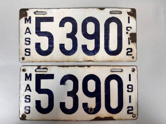 Set Of Massachusetts Porcelain License Plates 1912