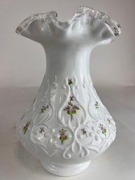 Hand Painted Fenton Violets In Snow Spanish Lace Large Vase Signed