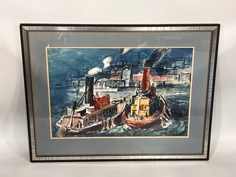 Two Tugboats In New York Harbor By Josef Lenhard Watercolor