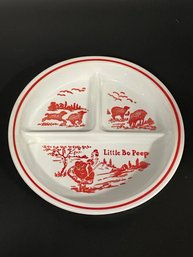 Milk Glass Divided Plate 'Little Bo Peep' In Red On White Vitrock By Fire King