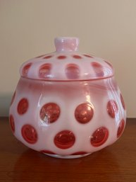 Vintage Fenton Opalescent Cranberry Glass Coin Dot Powder Jar