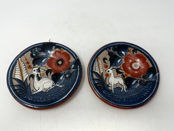 Pair Of Vintage Tonala Mexican Deer Folk Art Pottery Dishes