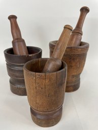 Group Of 3 Antique Primitive Mortar & Pestles Great Turning