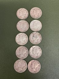 Group Of Ten Mercury Dimes 1939 - 1944