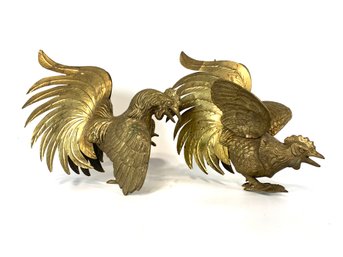 Pair Of Brass Fighting Cock Roosters