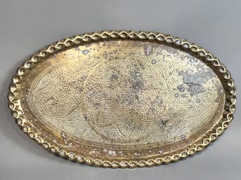 XL Vintage Brass Tray With Scalloped Edge And Etched Leaf Design