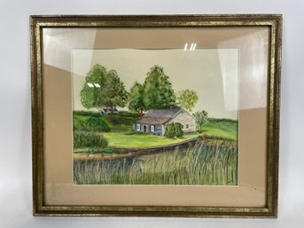 Signed Farmhouse Painting On Paper - By Kerry