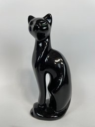 Vintage Black Ceramic Cat With Green Eyes