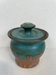 Signed Studio Pottery 4' Honey Pot - Blue & Orange Design