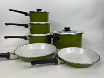 10 Piece Vintage Fancipan Avocado Paisley Cookware - Enamel Pots Pans Lids