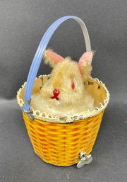 Vintage Wind Up Easter Bunny In Basket Toy Working