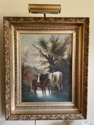 19th Century Primitive Cow And Calf Oil Painting - Unsigned