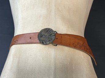 Vintage Hand Tooled Mushroom Leather Belt With Clock Parts Belt Buckle
